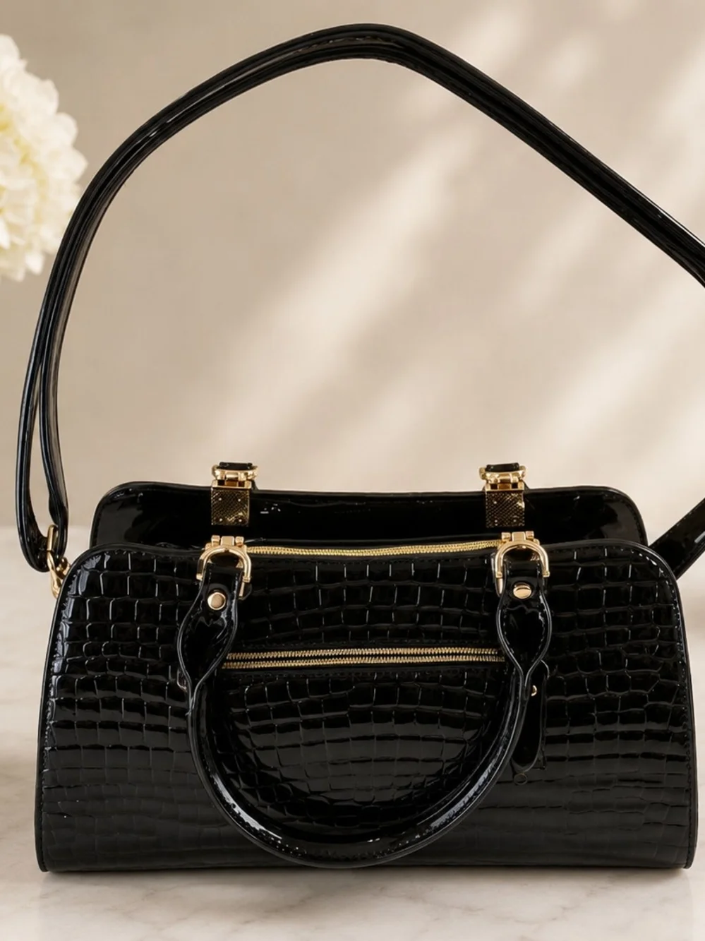Julia & Michael Black & Ivory Patent Croc Rhinestone Bow Satchel Handbag
